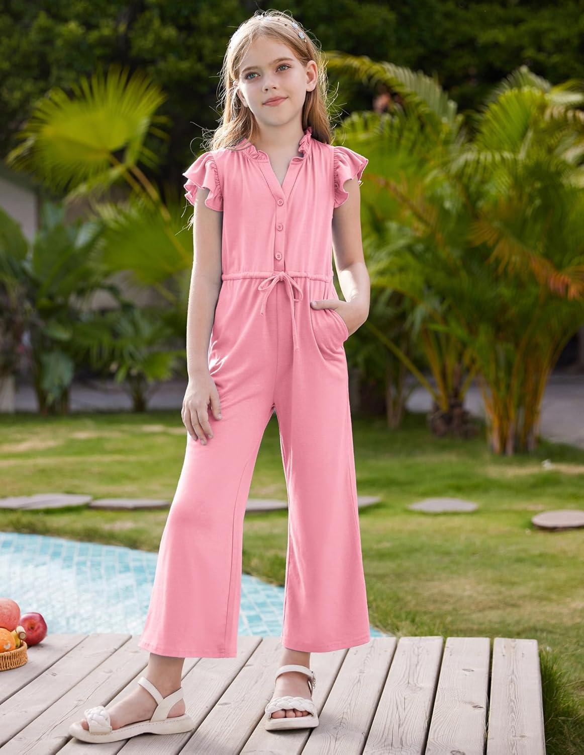 imageGRACE KARIN Girls Jumpsuit Fashion Ruffle Sleeve Drastring Waist Button Front Romper Kids Summer Outfit Size 614Pink