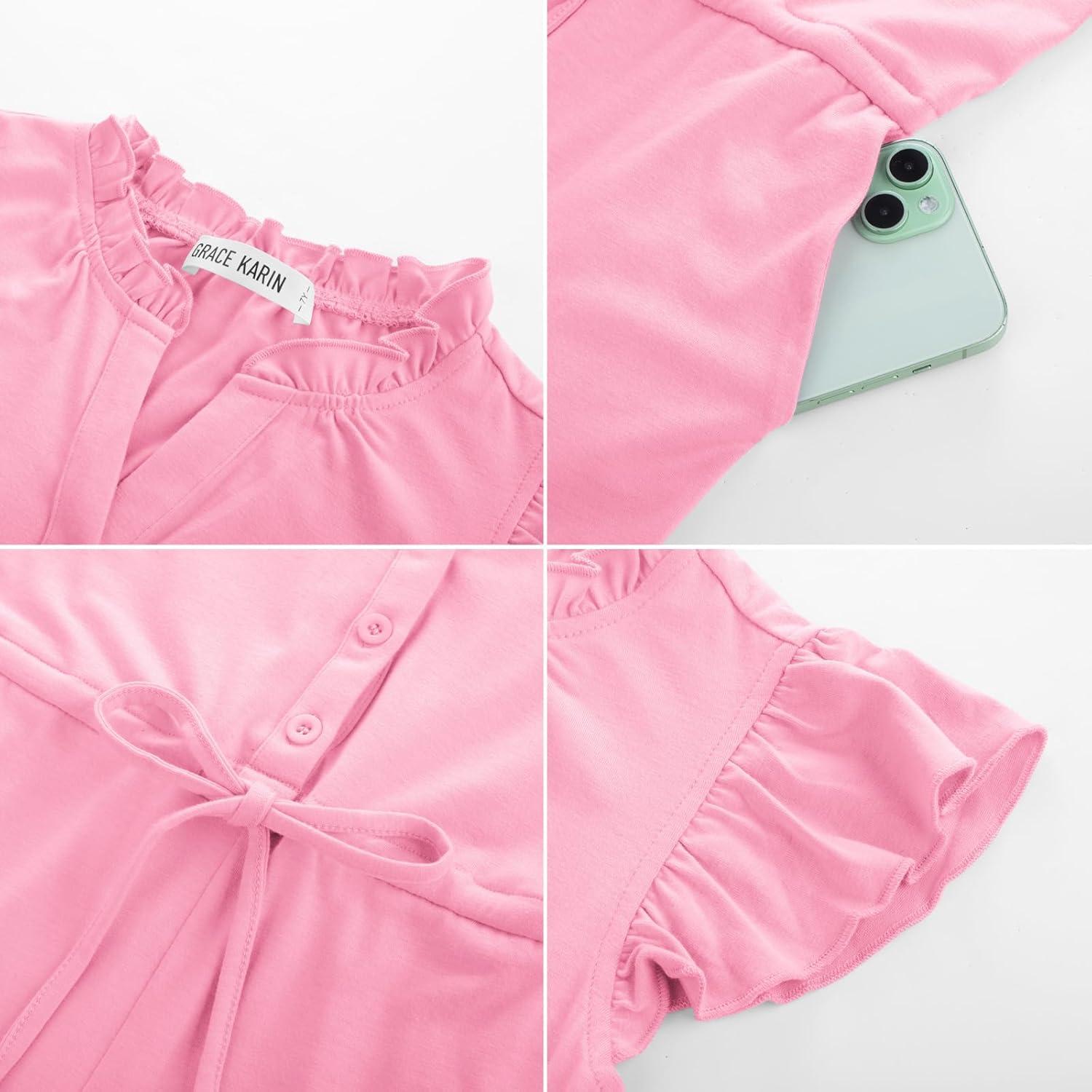 imageGRACE KARIN Girls Jumpsuit Fashion Ruffle Sleeve Drastring Waist Button Front Romper Kids Summer Outfit Size 614Pink