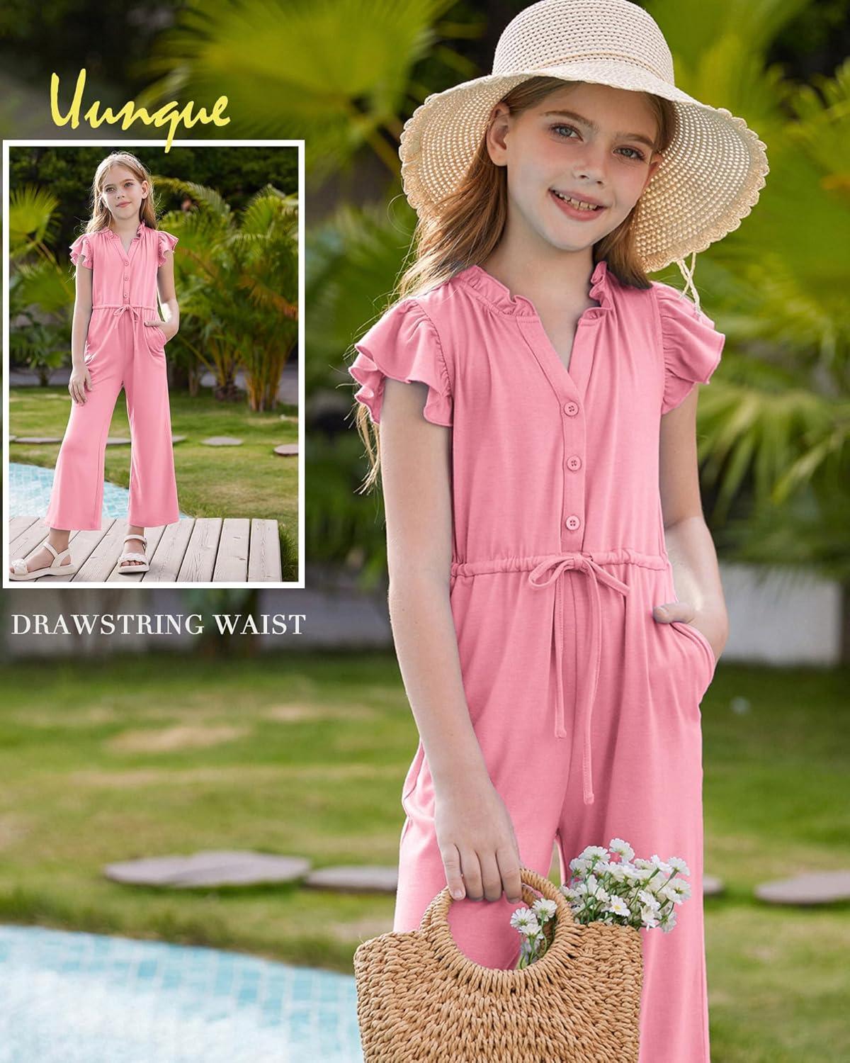 imageGRACE KARIN Girls Jumpsuit Fashion Ruffle Sleeve Drastring Waist Button Front Romper Kids Summer Outfit Size 614Pink