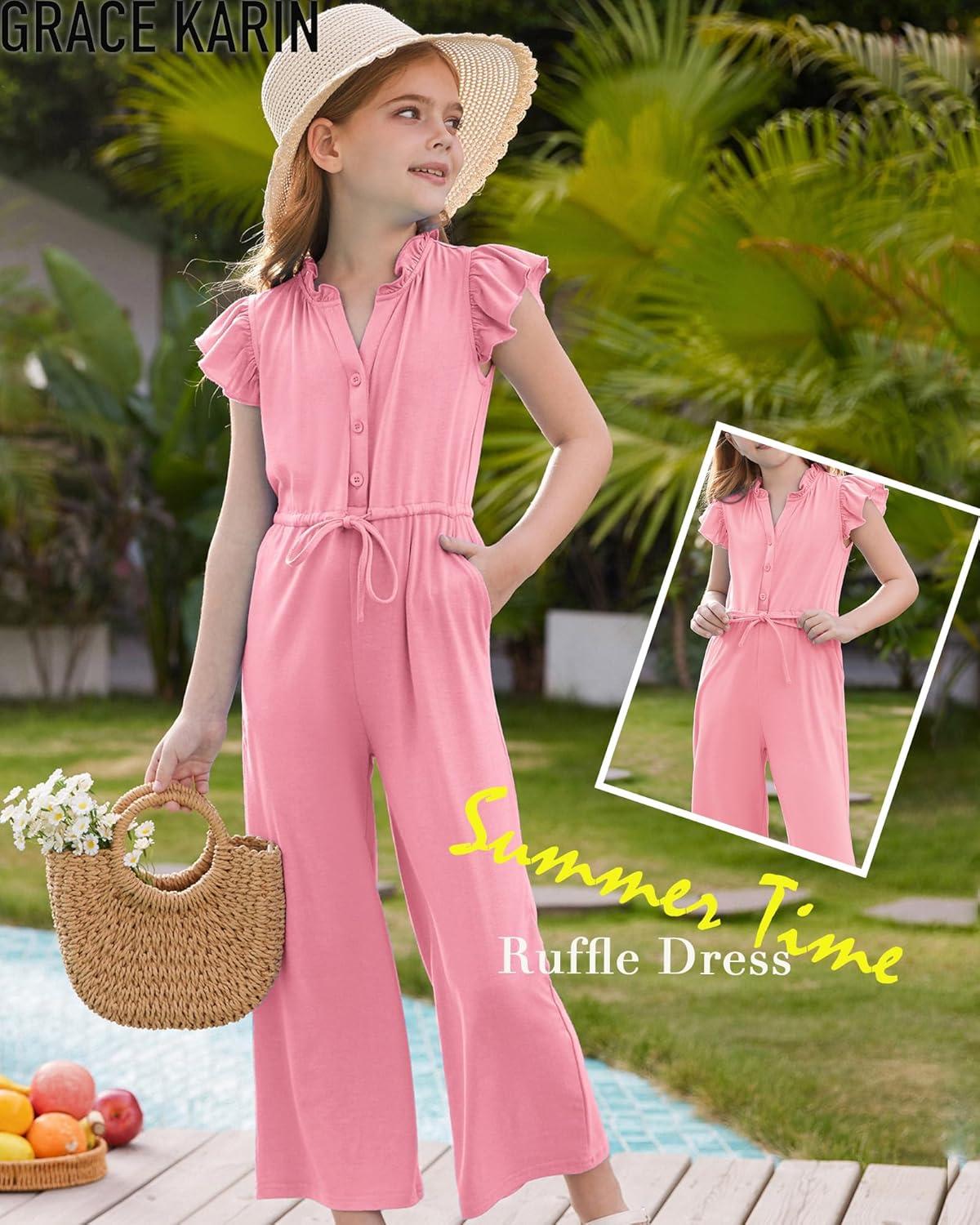 imageGRACE KARIN Girls Jumpsuit Fashion Ruffle Sleeve Drastring Waist Button Front Romper Kids Summer Outfit Size 614Pink