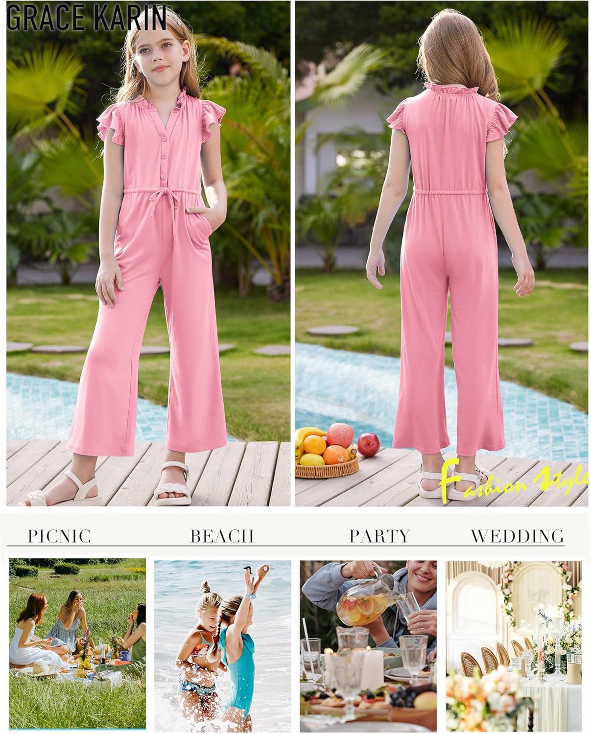 imageGRACE KARIN Girls Jumpsuit Fashion Ruffle Sleeve Drastring Waist Button Front Romper Kids Summer Outfit Size 614Pink