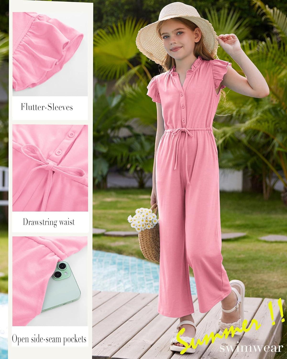 imageGRACE KARIN Girls Jumpsuit Fashion Ruffle Sleeve Drastring Waist Button Front Romper Kids Summer Outfit Size 614Pink