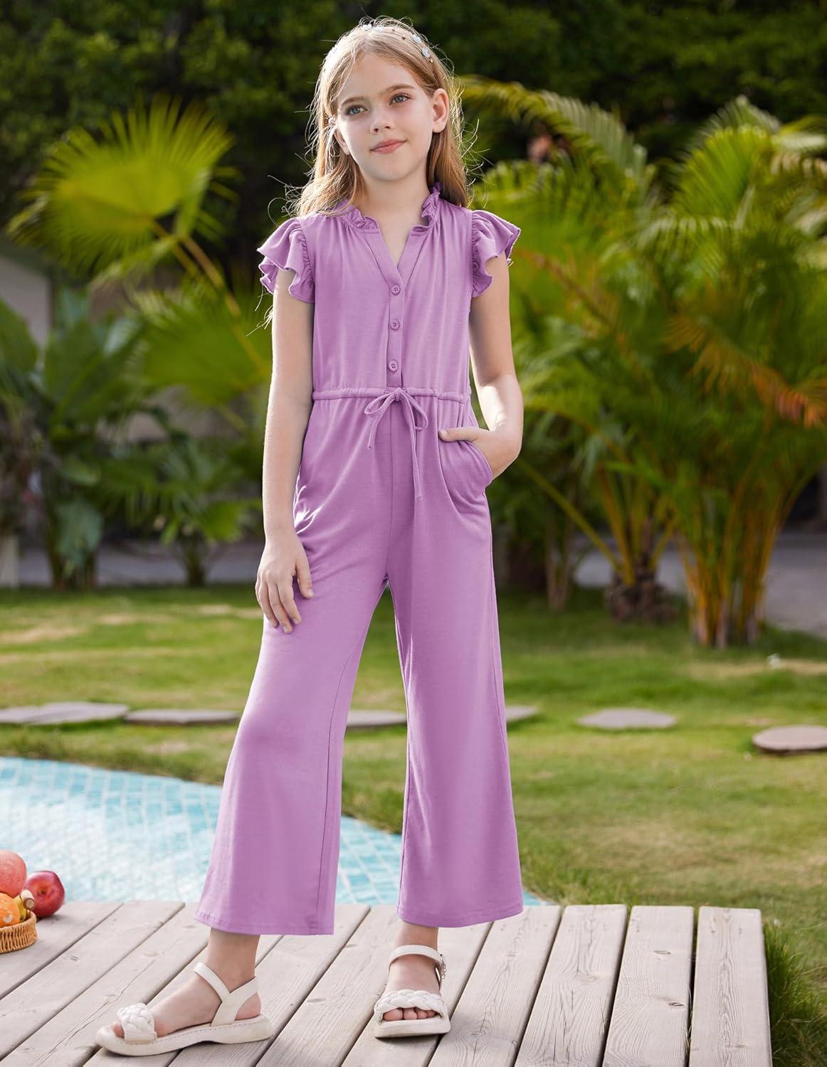 imageGRACE KARIN Girls Jumpsuit Fashion Ruffle Sleeve Drastring Waist Button Front Romper Kids Summer Outfit Size 614Purple