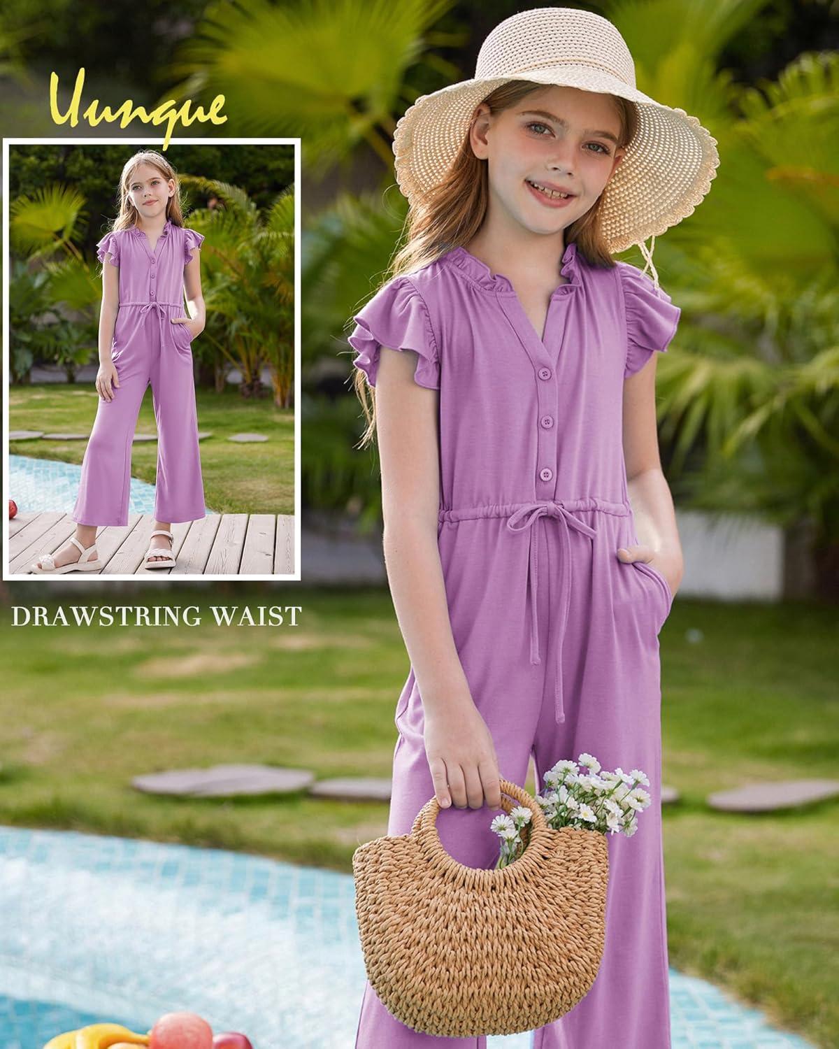 imageGRACE KARIN Girls Jumpsuit Fashion Ruffle Sleeve Drastring Waist Button Front Romper Kids Summer Outfit Size 614Purple