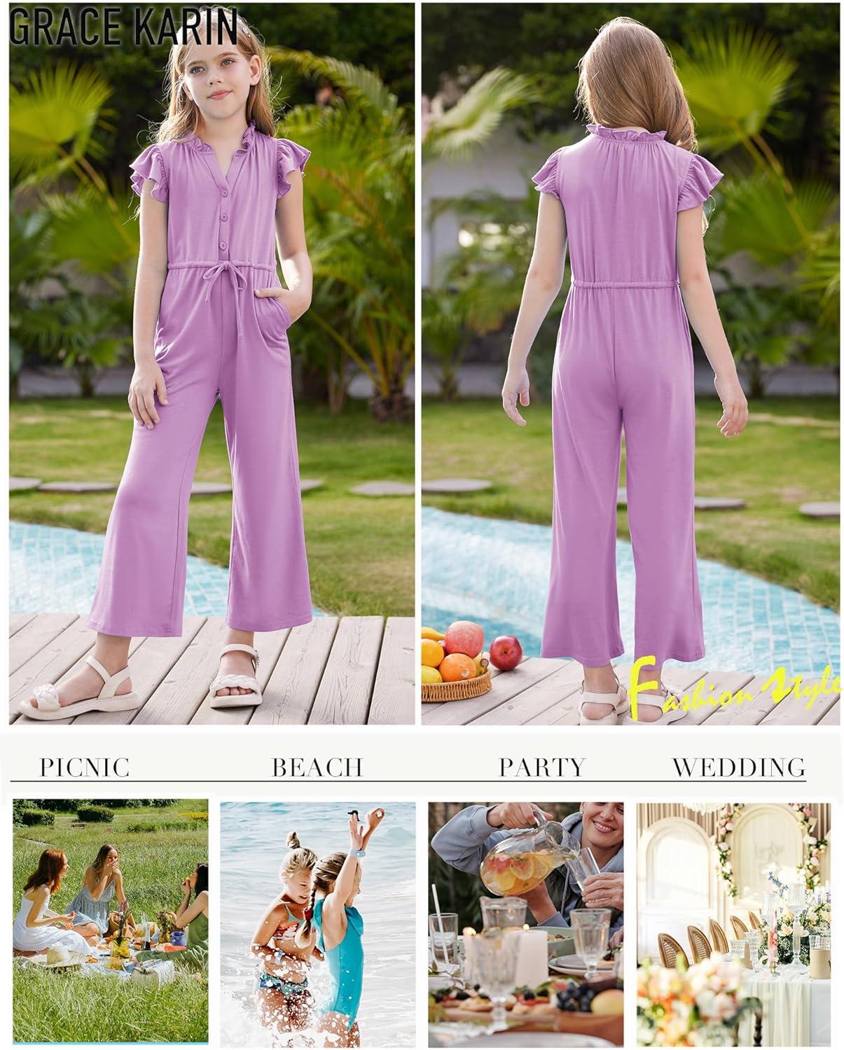 imageGRACE KARIN Girls Jumpsuit Fashion Ruffle Sleeve Drastring Waist Button Front Romper Kids Summer Outfit Size 614Purple