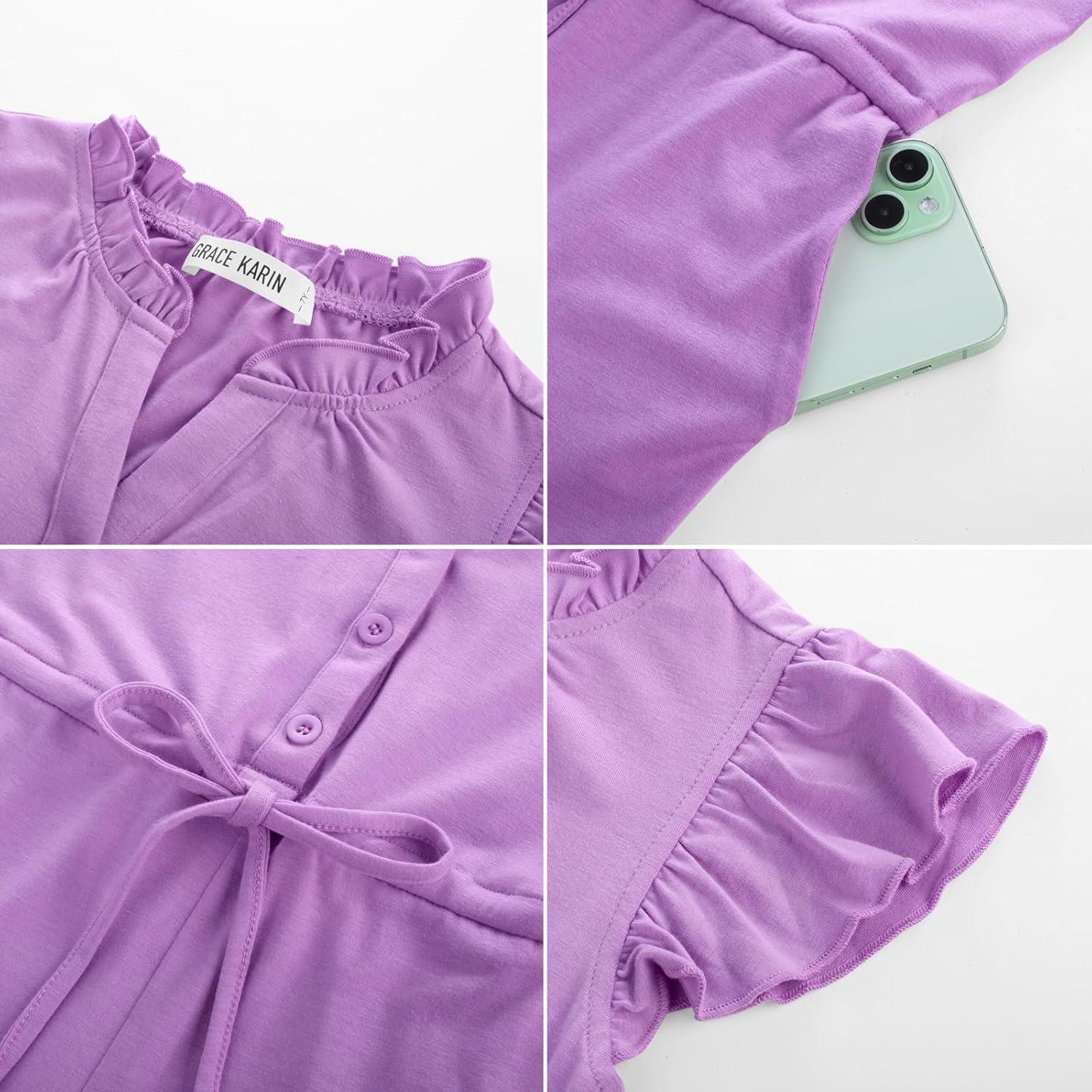 imageGRACE KARIN Girls Jumpsuit Fashion Ruffle Sleeve Drastring Waist Button Front Romper Kids Summer Outfit Size 614Purple