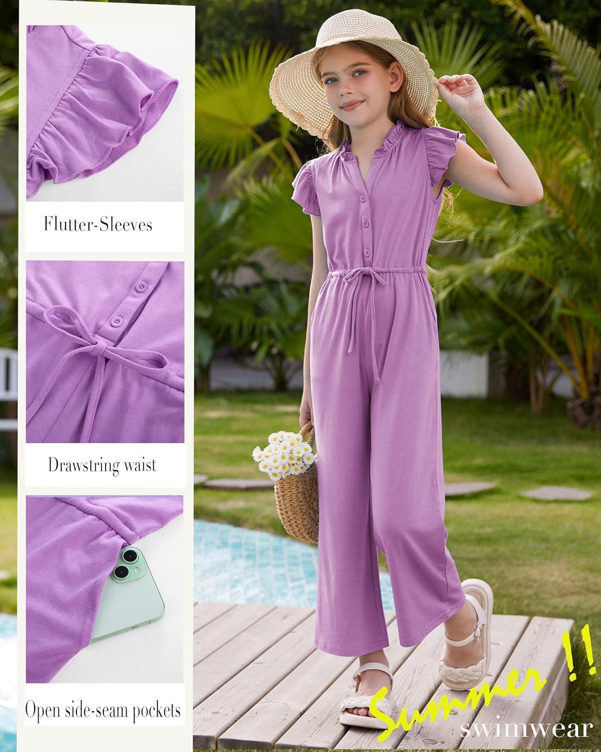 imageGRACE KARIN Girls Jumpsuit Fashion Ruffle Sleeve Drastring Waist Button Front Romper Kids Summer Outfit Size 614Purple