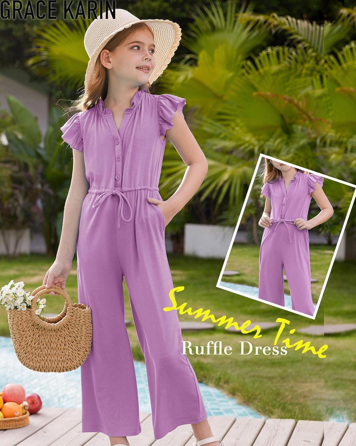 imageGRACE KARIN Girls Jumpsuit Fashion Ruffle Sleeve Drastring Waist Button Front Romper Kids Summer Outfit Size 614Purple