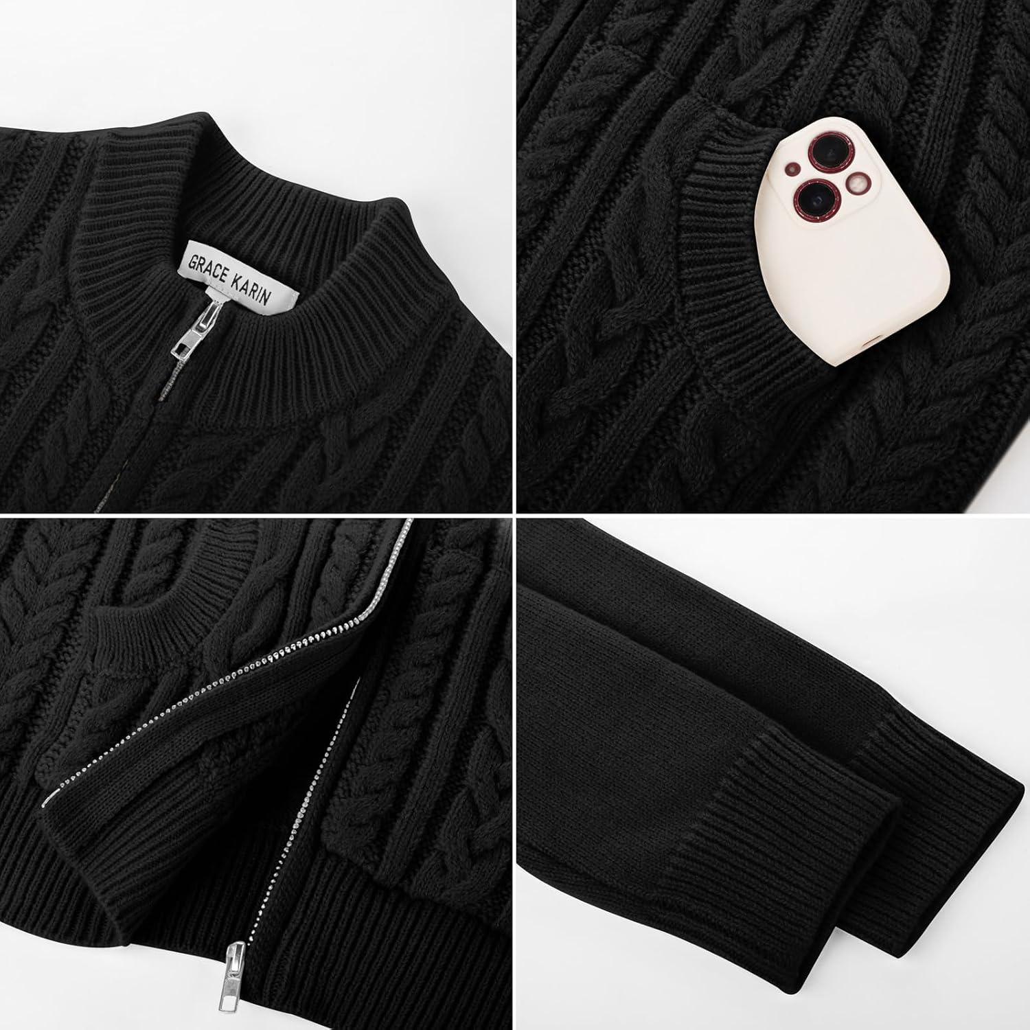 imageGRACE KARIN Girls Knit Cardigan Sweater Zip Long Sleeve Kids School Uniform Fall Jacket Size 614Black