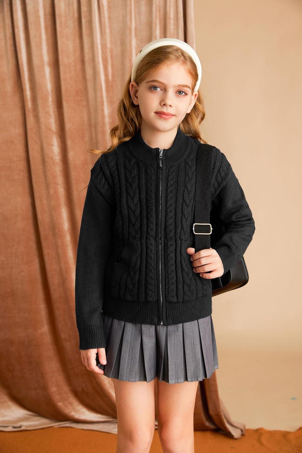 imageGRACE KARIN Girls Knit Cardigan Sweater Zip Long Sleeve Kids School Uniform Fall Jacket Size 614Black