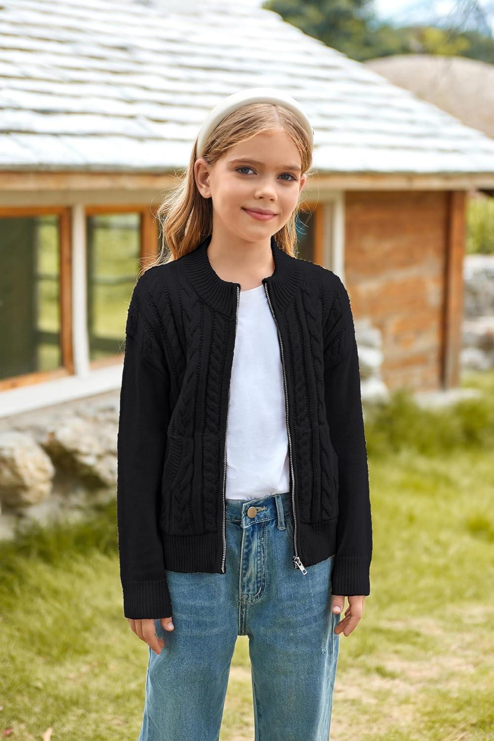 imageGRACE KARIN Girls Knit Cardigan Sweater Zip Long Sleeve Kids School Uniform Fall Jacket Size 614Black