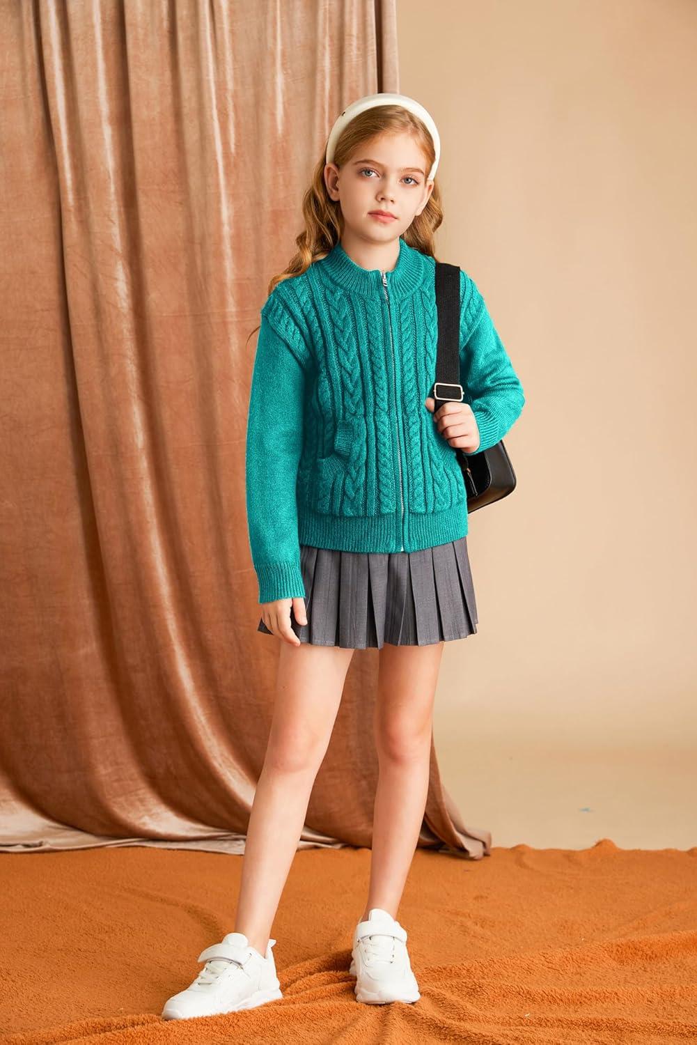imageGRACE KARIN Girls Knit Cardigan Sweater Zip Long Sleeve Kids School Uniform Fall Jacket Size 614Bluegreen
