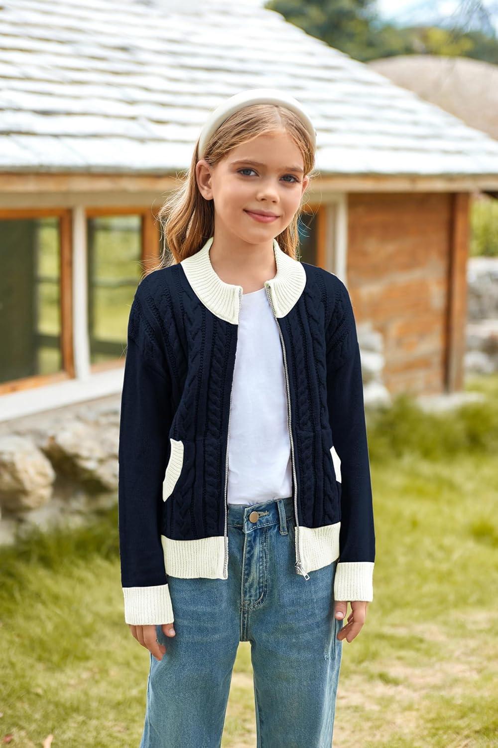 imageGRACE KARIN Girls Knit Cardigan Sweater Zip Long Sleeve Kids School Uniform Fall Jacket Size 614Bluewhite