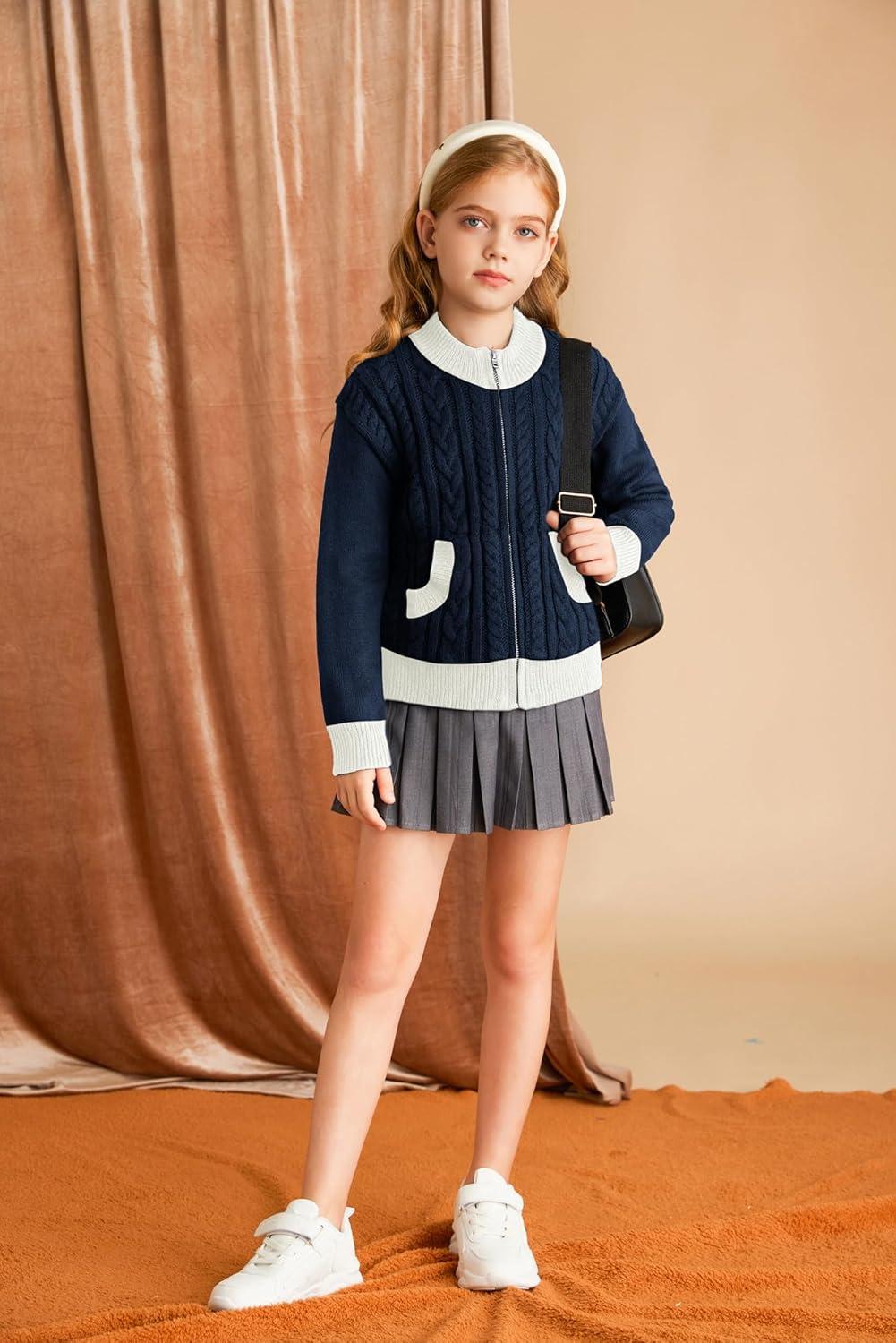 imageGRACE KARIN Girls Knit Cardigan Sweater Zip Long Sleeve Kids School Uniform Fall Jacket Size 614Bluewhite