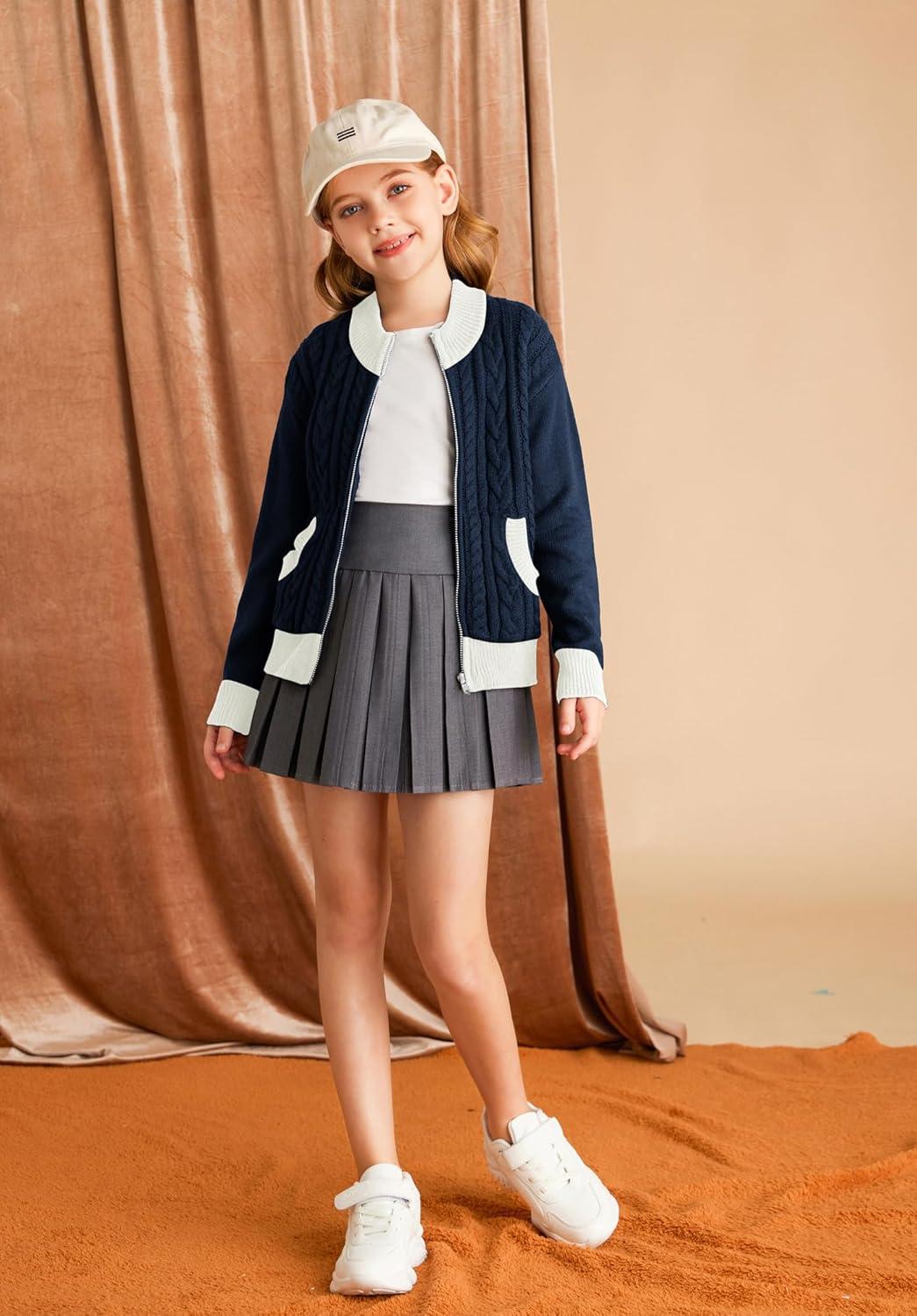 imageGRACE KARIN Girls Knit Cardigan Sweater Zip Long Sleeve Kids School Uniform Fall Jacket Size 614Bluewhite
