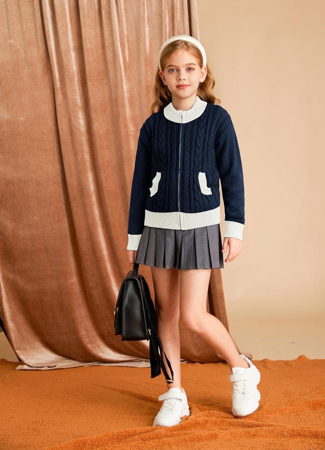 imageGRACE KARIN Girls Knit Cardigan Sweater Zip Long Sleeve Kids School Uniform Fall Jacket Size 614Bluewhite