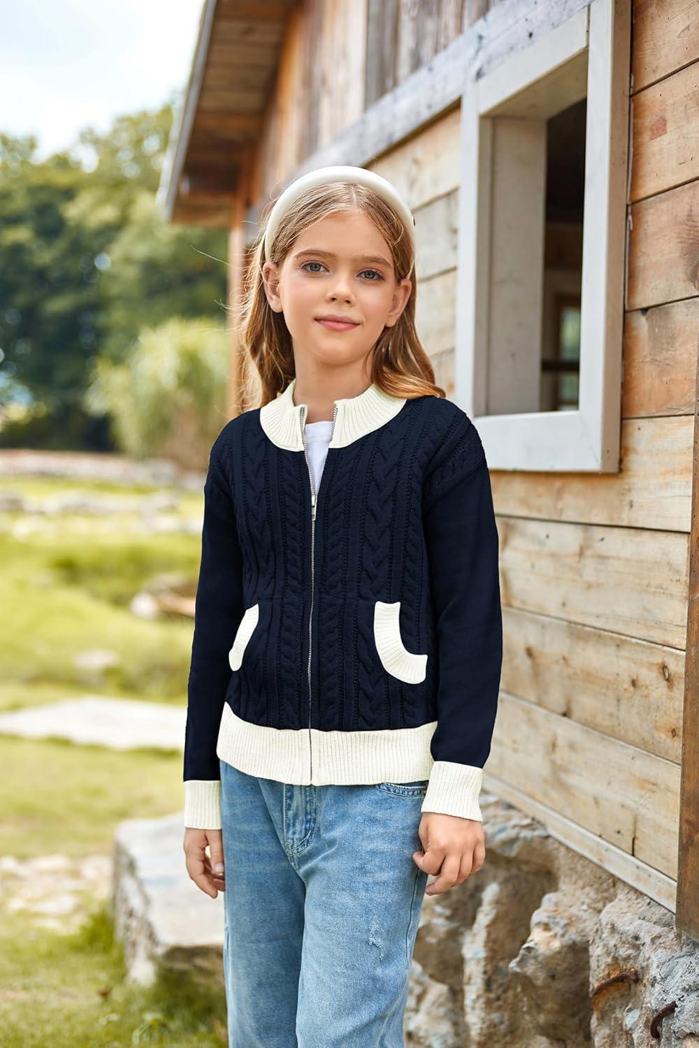 imageGRACE KARIN Girls Knit Cardigan Sweater Zip Long Sleeve Kids School Uniform Fall Jacket Size 614Bluewhite