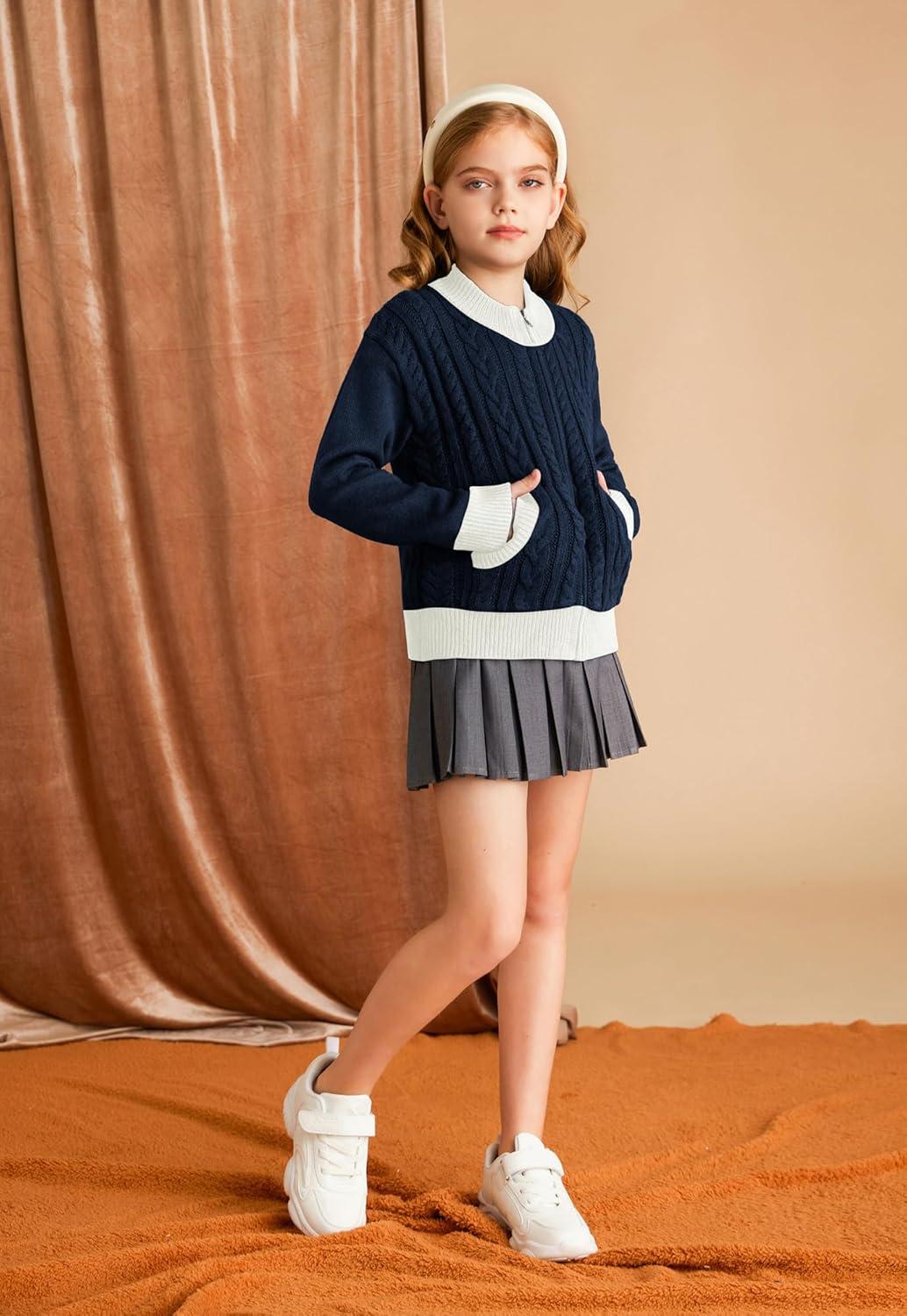 imageGRACE KARIN Girls Knit Cardigan Sweater Zip Long Sleeve Kids School Uniform Fall Jacket Size 614Bluewhite