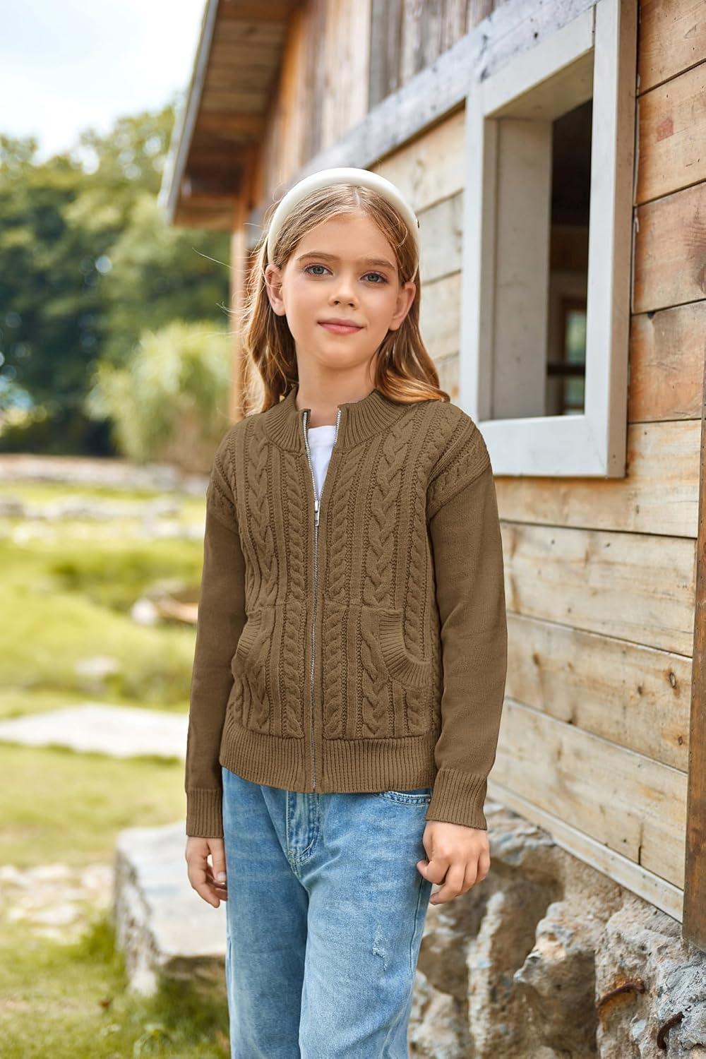 imageGRACE KARIN Girls Knit Cardigan Sweater Zip Long Sleeve Kids School Uniform Fall Jacket Size 614Brown