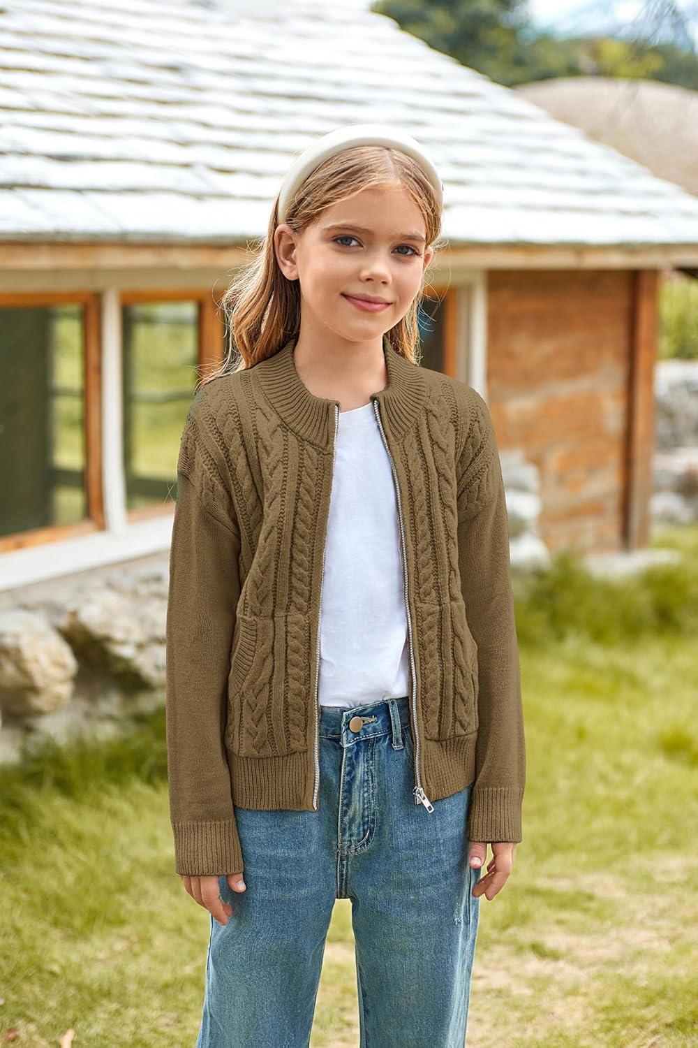 imageGRACE KARIN Girls Knit Cardigan Sweater Zip Long Sleeve Kids School Uniform Fall Jacket Size 614Brown