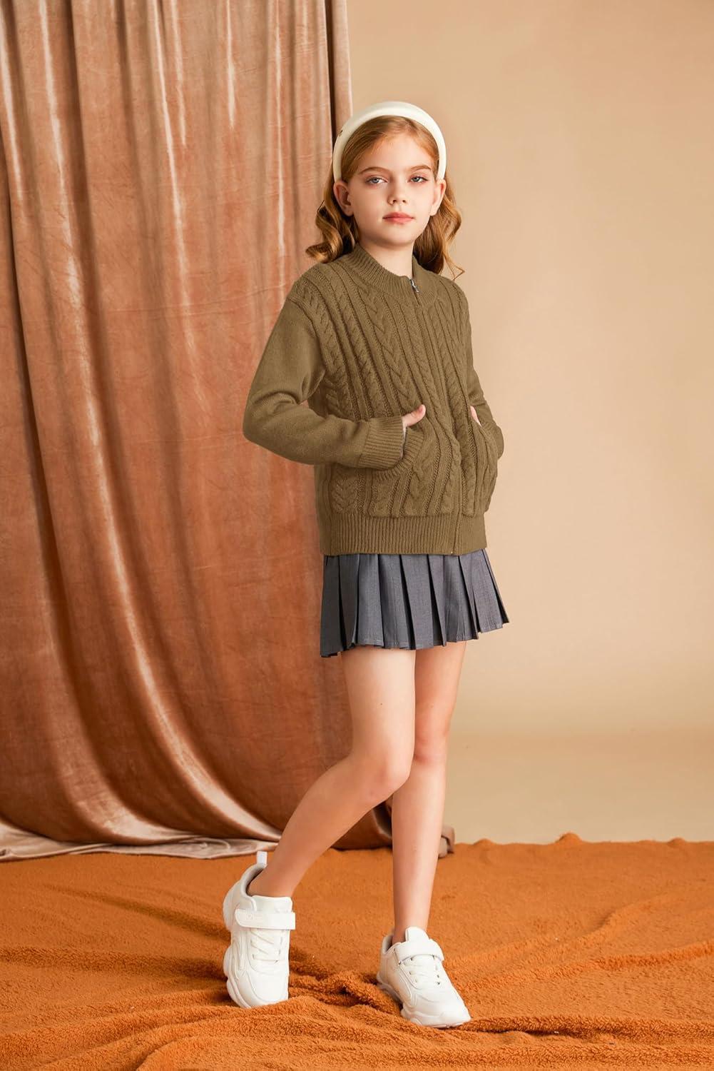 imageGRACE KARIN Girls Knit Cardigan Sweater Zip Long Sleeve Kids School Uniform Fall Jacket Size 614Brown