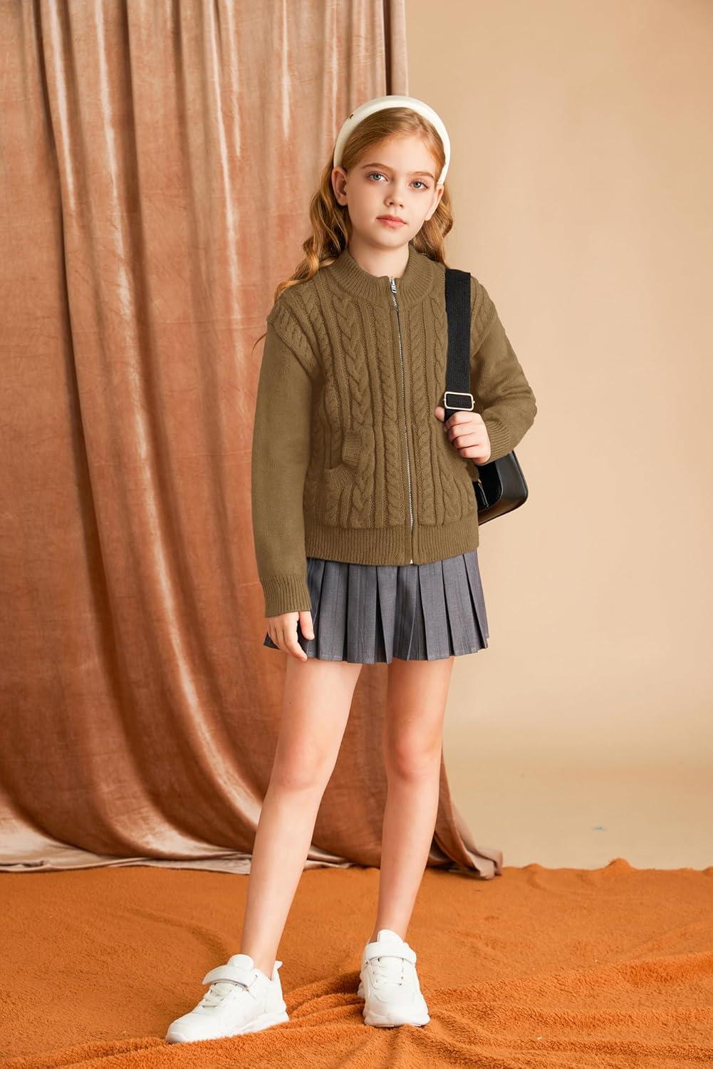 imageGRACE KARIN Girls Knit Cardigan Sweater Zip Long Sleeve Kids School Uniform Fall Jacket Size 614Brown