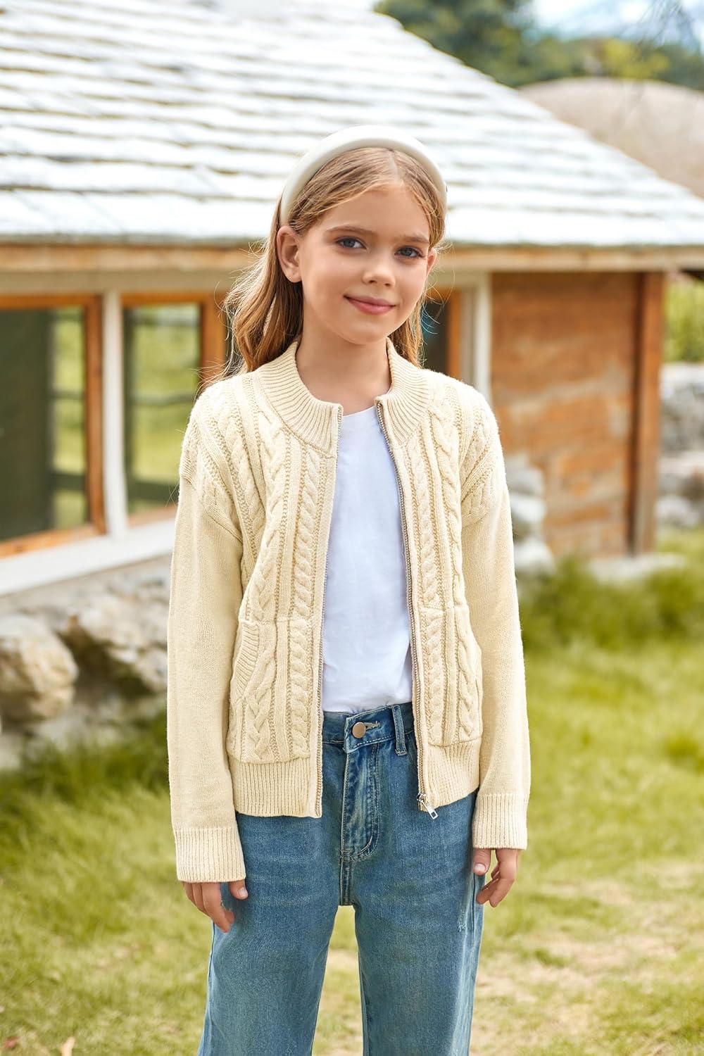 imageGRACE KARIN Girls Knit Cardigan Sweater Zip Long Sleeve Kids School Uniform Fall Jacket Size 614Cream