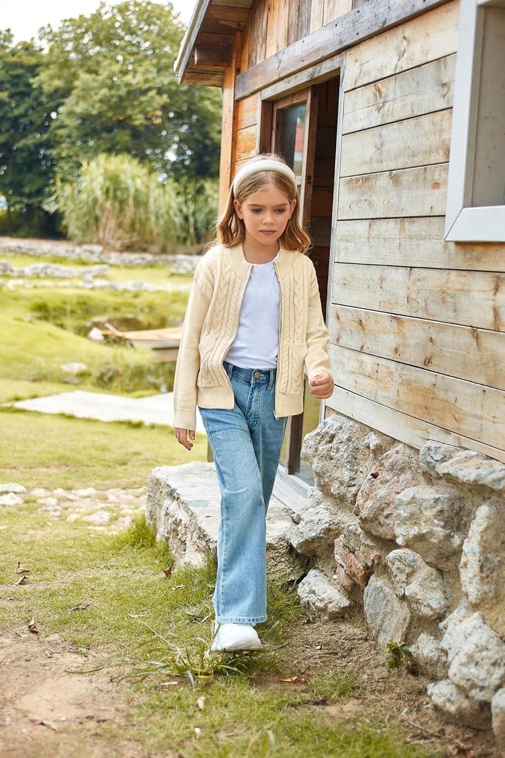 imageGRACE KARIN Girls Knit Cardigan Sweater Zip Long Sleeve Kids School Uniform Fall Jacket Size 614Cream