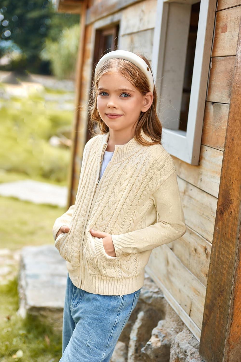 imageGRACE KARIN Girls Knit Cardigan Sweater Zip Long Sleeve Kids School Uniform Fall Jacket Size 614Cream