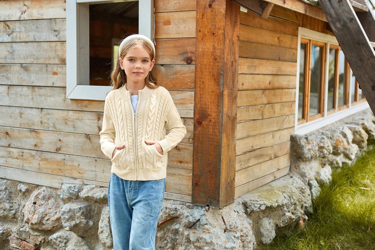 imageGRACE KARIN Girls Knit Cardigan Sweater Zip Long Sleeve Kids School Uniform Fall Jacket Size 614Cream
