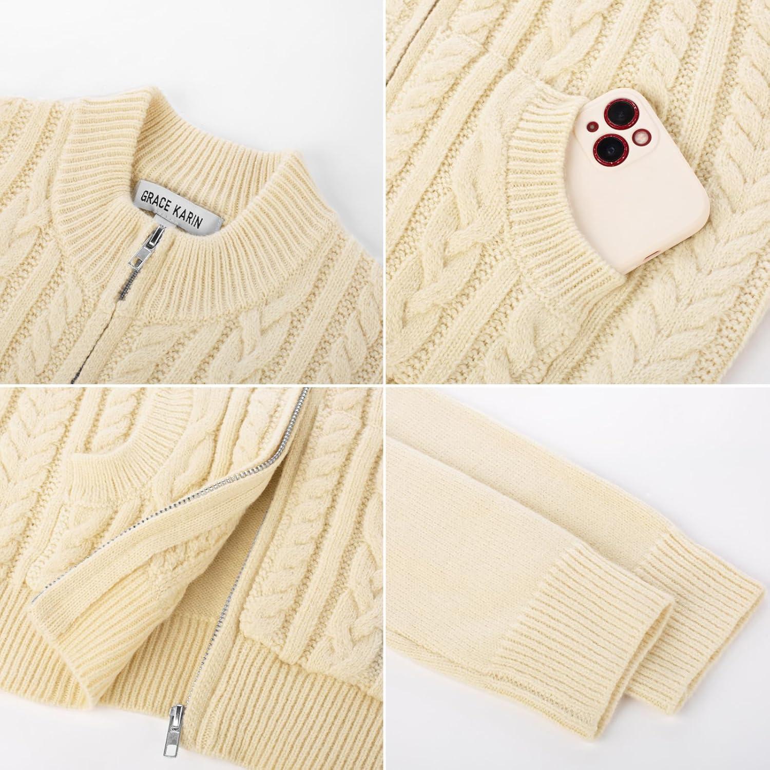 imageGRACE KARIN Girls Knit Cardigan Sweater Zip Long Sleeve Kids School Uniform Fall Jacket Size 614Cream