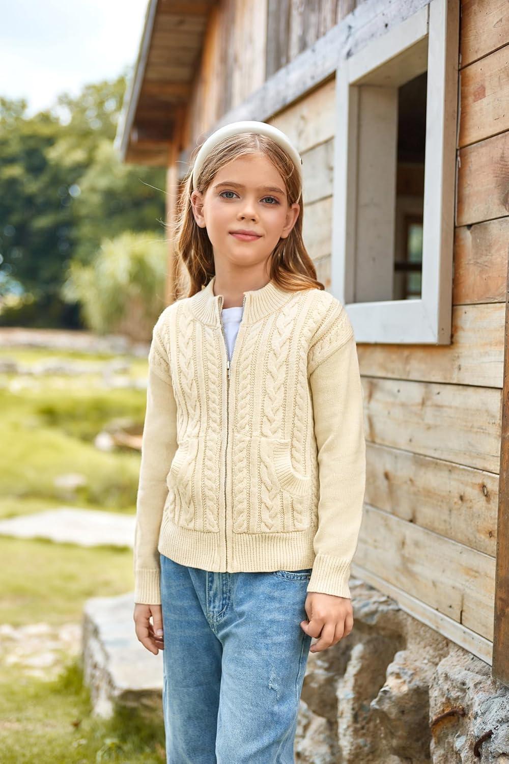 imageGRACE KARIN Girls Knit Cardigan Sweater Zip Long Sleeve Kids School Uniform Fall Jacket Size 614Cream