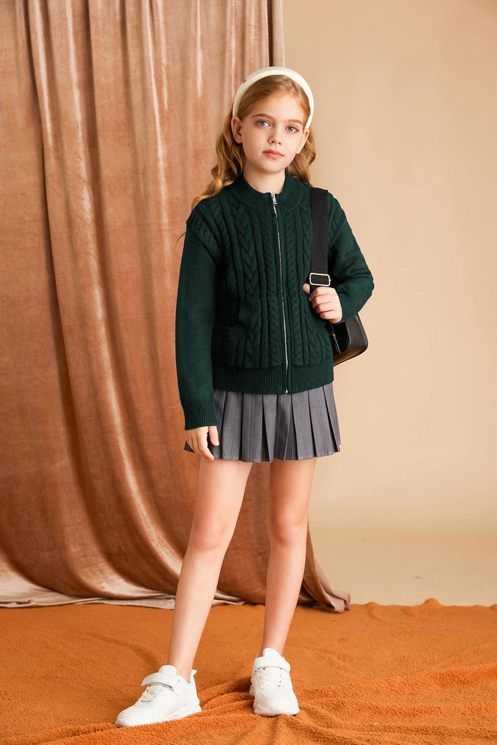 imageGRACE KARIN Girls Knit Cardigan Sweater Zip Long Sleeve Kids School Uniform Fall Jacket Size 614Deep Green