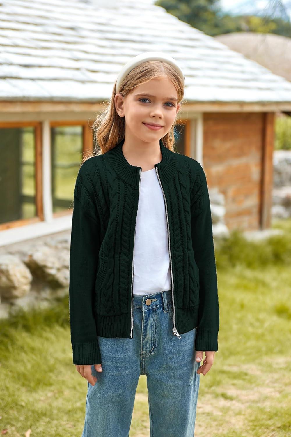 imageGRACE KARIN Girls Knit Cardigan Sweater Zip Long Sleeve Kids School Uniform Fall Jacket Size 614Deep Green