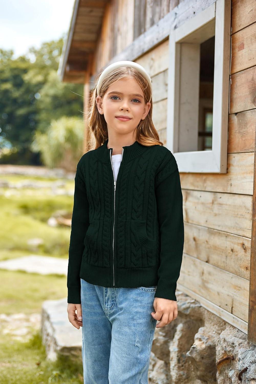 imageGRACE KARIN Girls Knit Cardigan Sweater Zip Long Sleeve Kids School Uniform Fall Jacket Size 614Deep Green