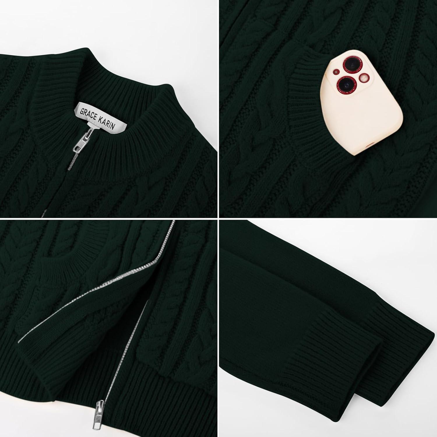 imageGRACE KARIN Girls Knit Cardigan Sweater Zip Long Sleeve Kids School Uniform Fall Jacket Size 614Deep Green