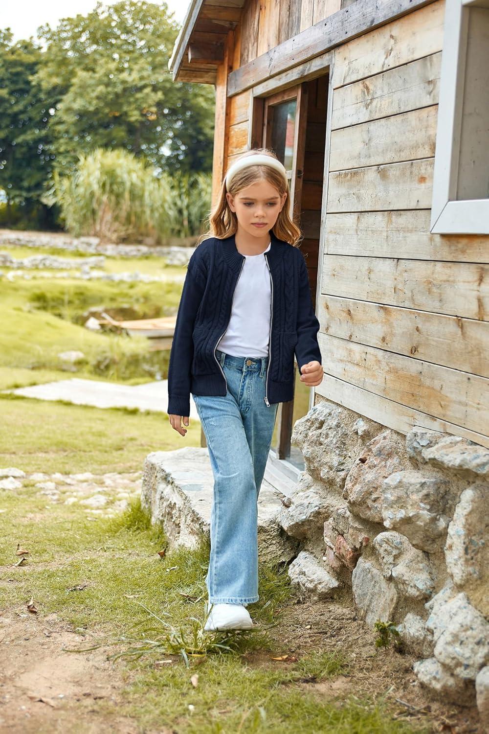 imageGRACE KARIN Girls Knit Cardigan Sweater Zip Long Sleeve Kids School Uniform Fall Jacket Size 614Navy Blue