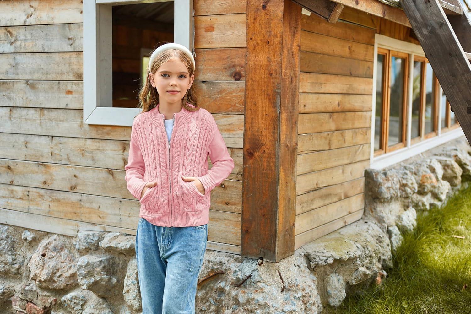 imageGRACE KARIN Girls Knit Cardigan Sweater Zip Long Sleeve Kids School Uniform Fall Jacket Size 614Pink