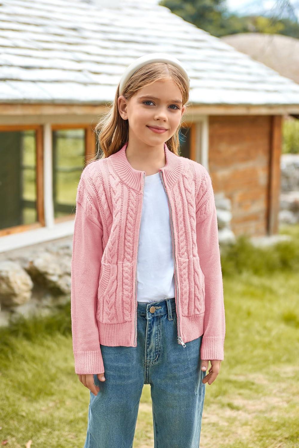 imageGRACE KARIN Girls Knit Cardigan Sweater Zip Long Sleeve Kids School Uniform Fall Jacket Size 614Pink