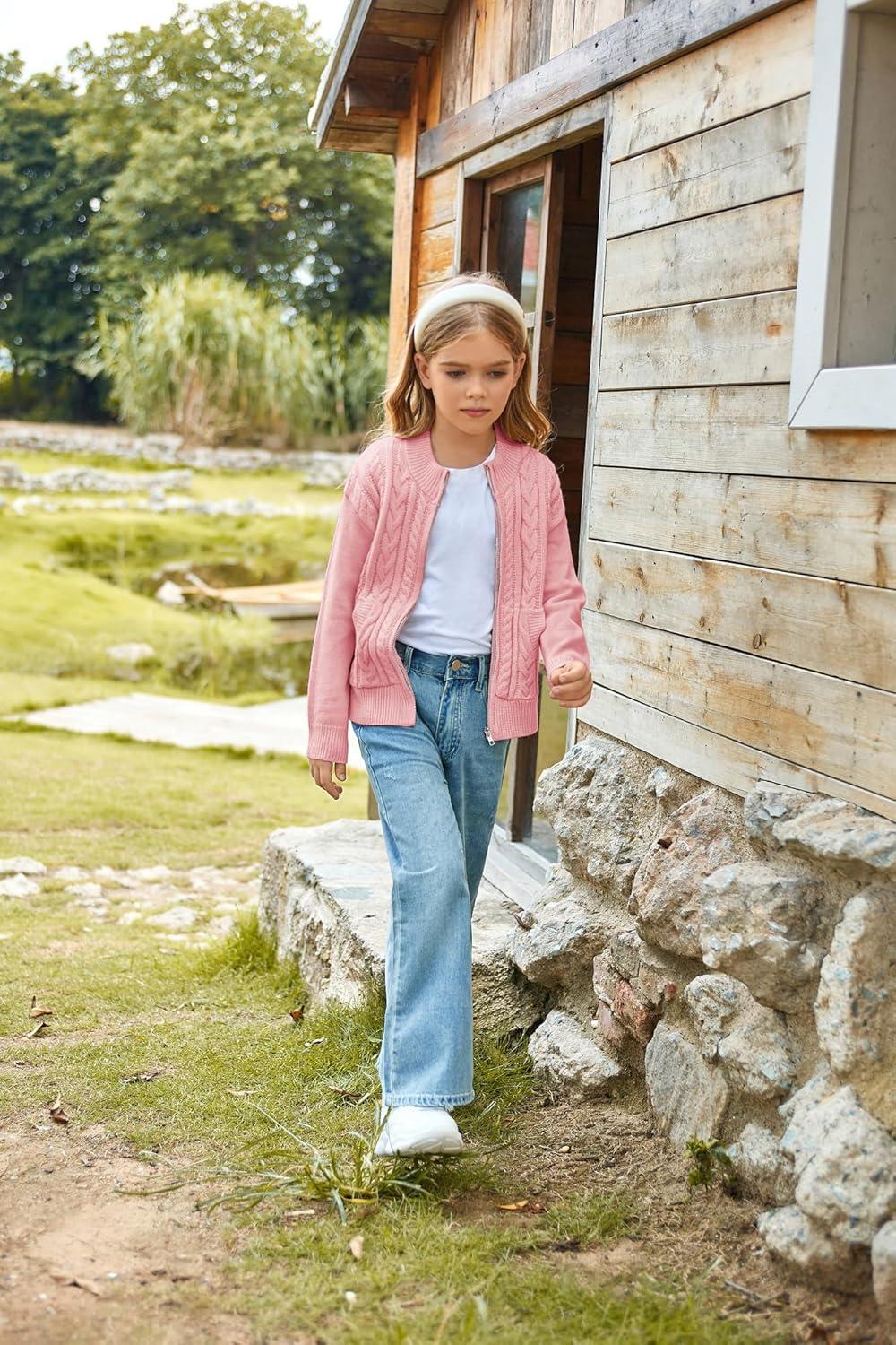 imageGRACE KARIN Girls Knit Cardigan Sweater Zip Long Sleeve Kids School Uniform Fall Jacket Size 614Pink