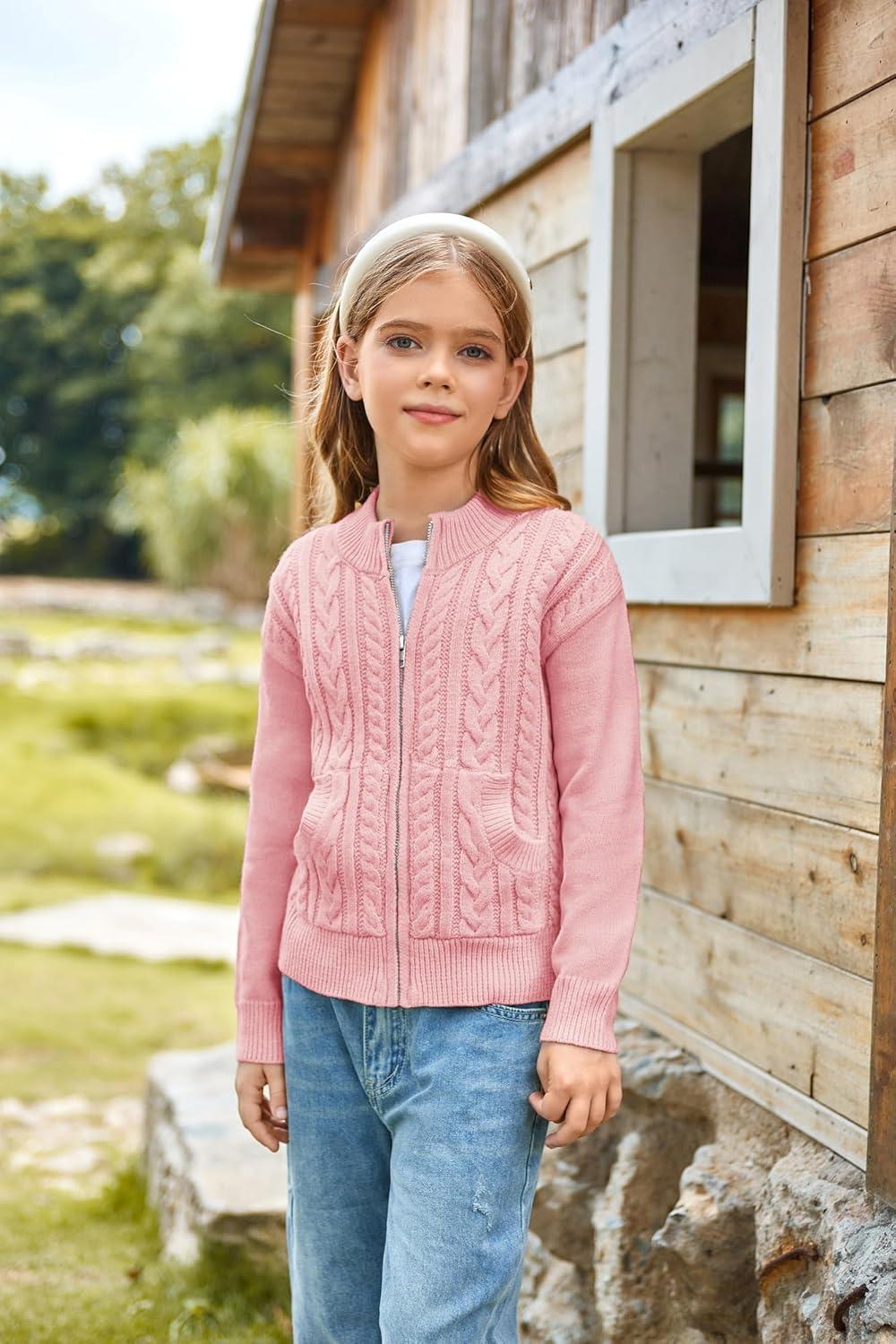 imageGRACE KARIN Girls Knit Cardigan Sweater Zip Long Sleeve Kids School Uniform Fall Jacket Size 614Pink