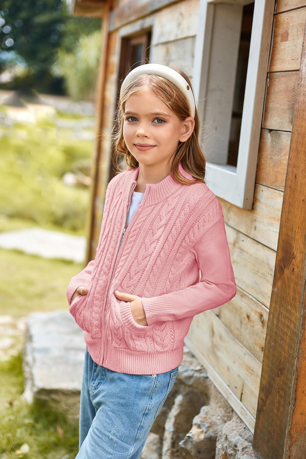 imageGRACE KARIN Girls Knit Cardigan Sweater Zip Long Sleeve Kids School Uniform Fall Jacket Size 614Pink
