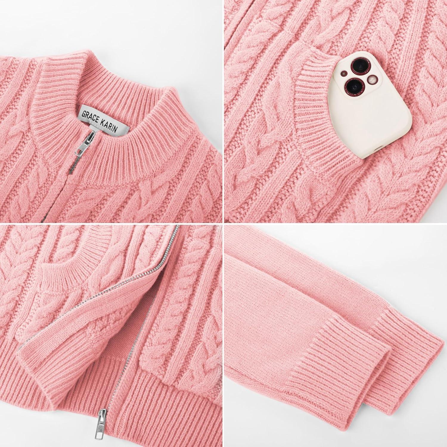 imageGRACE KARIN Girls Knit Cardigan Sweater Zip Long Sleeve Kids School Uniform Fall Jacket Size 614Pink