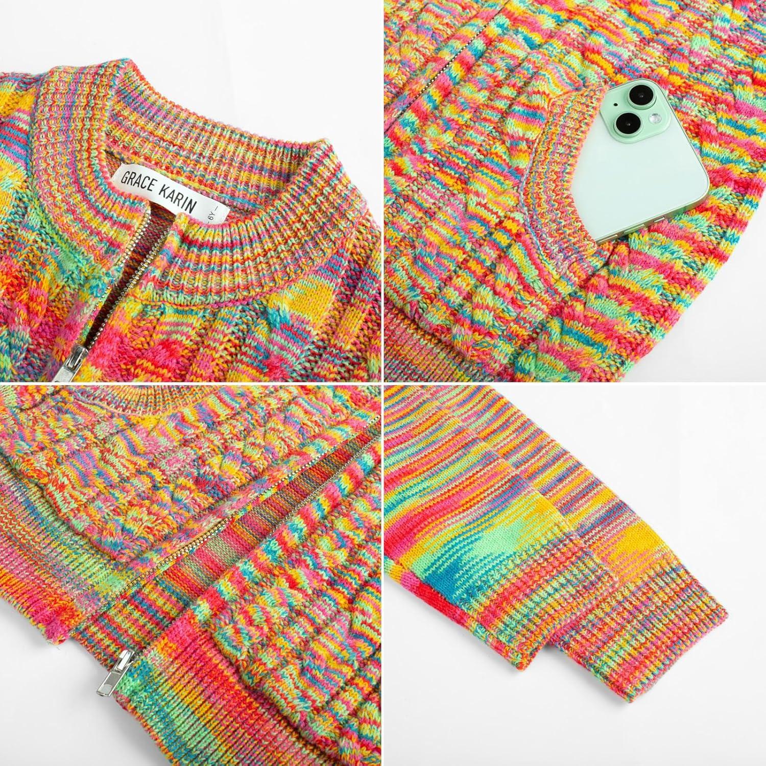 imageGRACE KARIN Girls Knit Cardigan Sweater Zip Long Sleeve Kids School Uniform Fall Jacket Size 614Rainbow