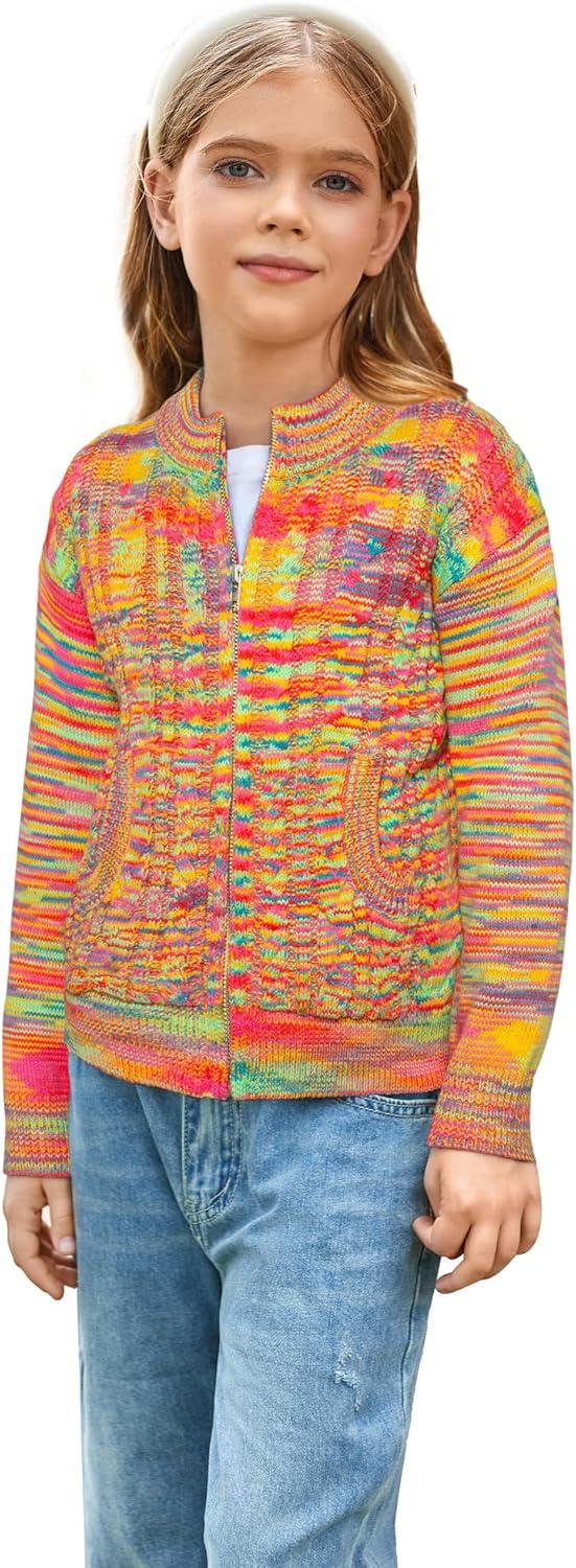imageGRACE KARIN Girls Knit Cardigan Sweater Zip Long Sleeve Kids School Uniform Fall Jacket Size 614Rainbow