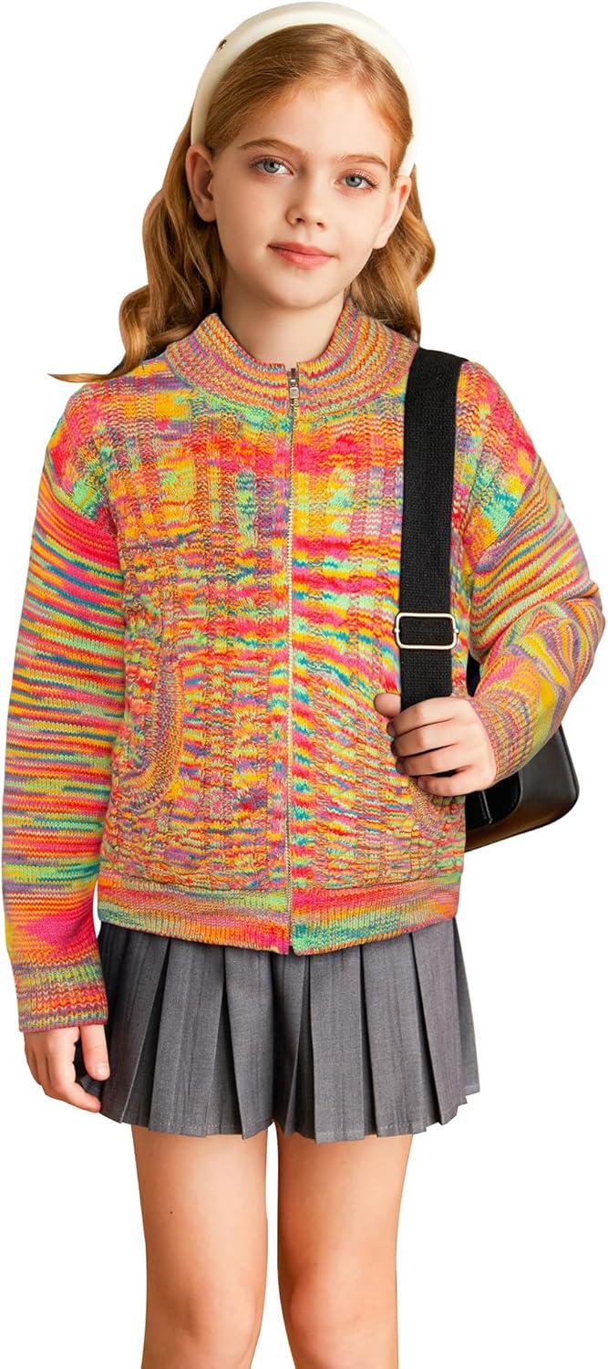 imageGRACE KARIN Girls Knit Cardigan Sweater Zip Long Sleeve Kids School Uniform Fall Jacket Size 614Rainbow