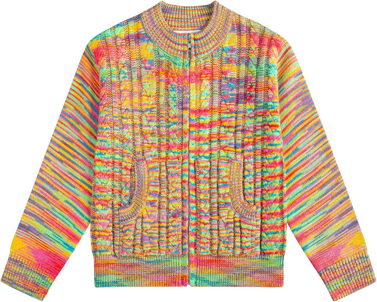imageGRACE KARIN Girls Knit Cardigan Sweater Zip Long Sleeve Kids School Uniform Fall Jacket Size 614Rainbow