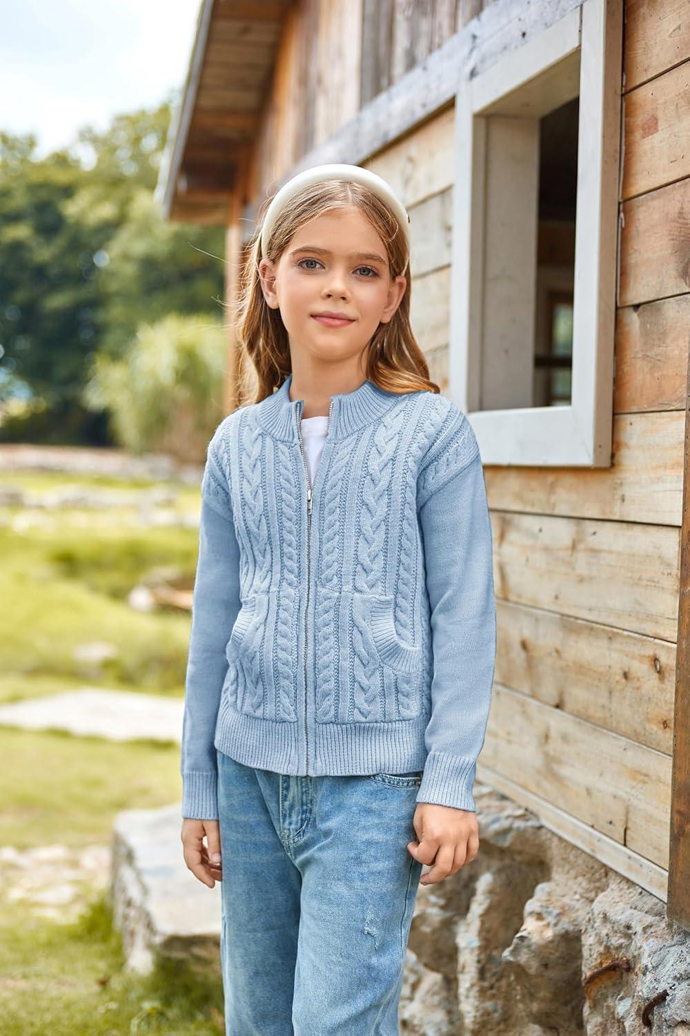 imageGRACE KARIN Girls Knit Cardigan Sweater Zip Long Sleeve Kids School Uniform Fall Jacket Size 614Sky Blue