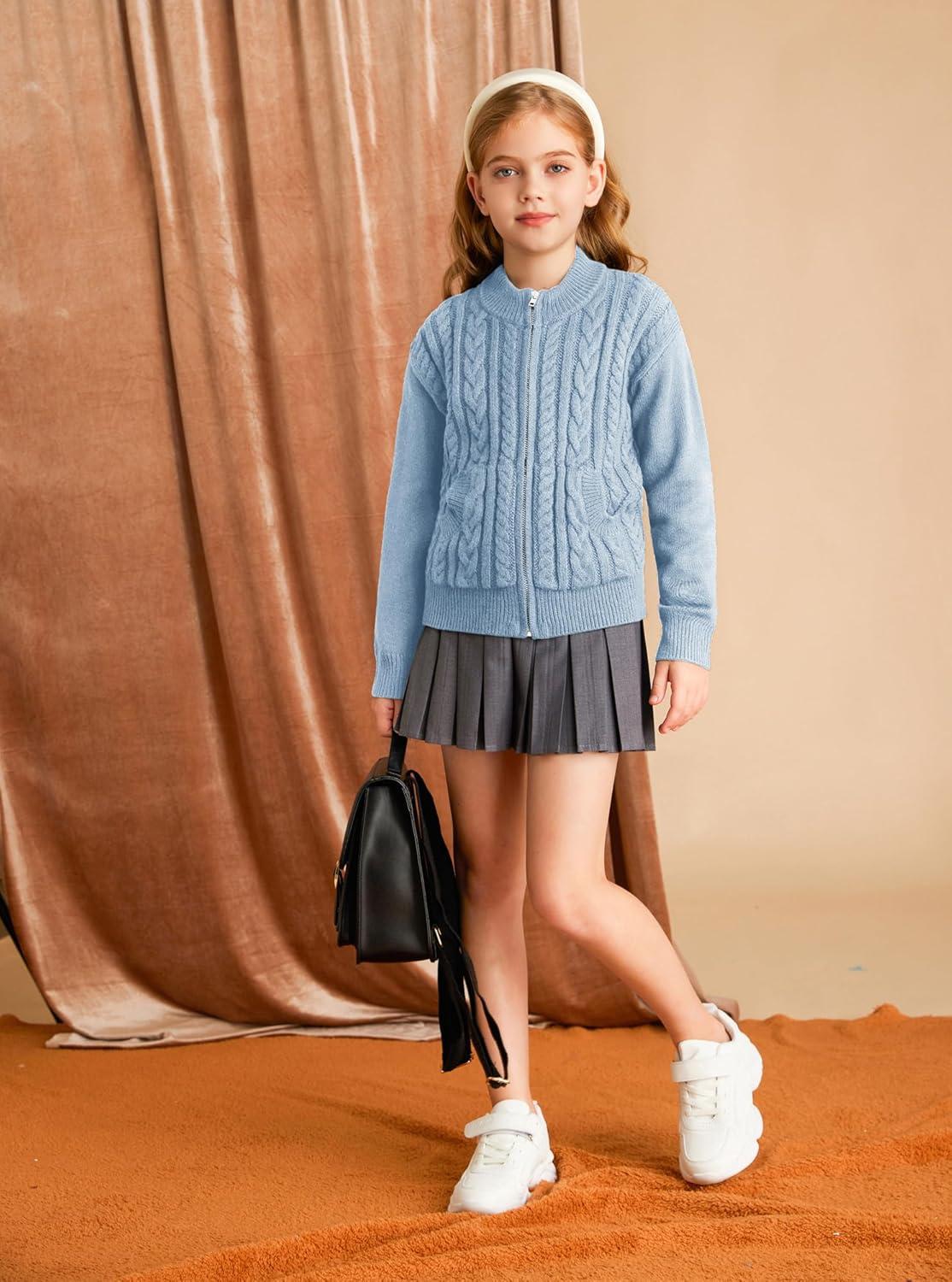 imageGRACE KARIN Girls Knit Cardigan Sweater Zip Long Sleeve Kids School Uniform Fall Jacket Size 614Sky Blue