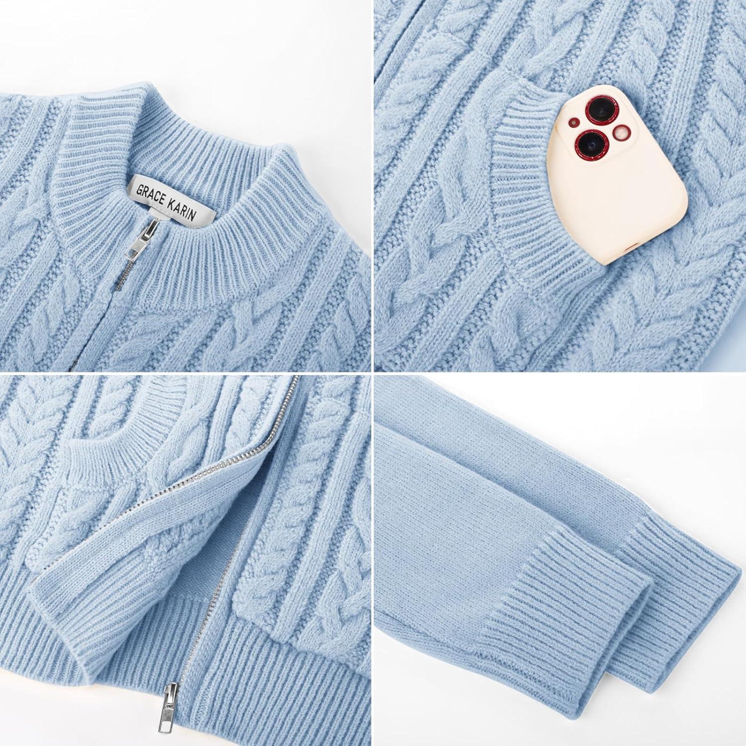 imageGRACE KARIN Girls Knit Cardigan Sweater Zip Long Sleeve Kids School Uniform Fall Jacket Size 614Sky Blue